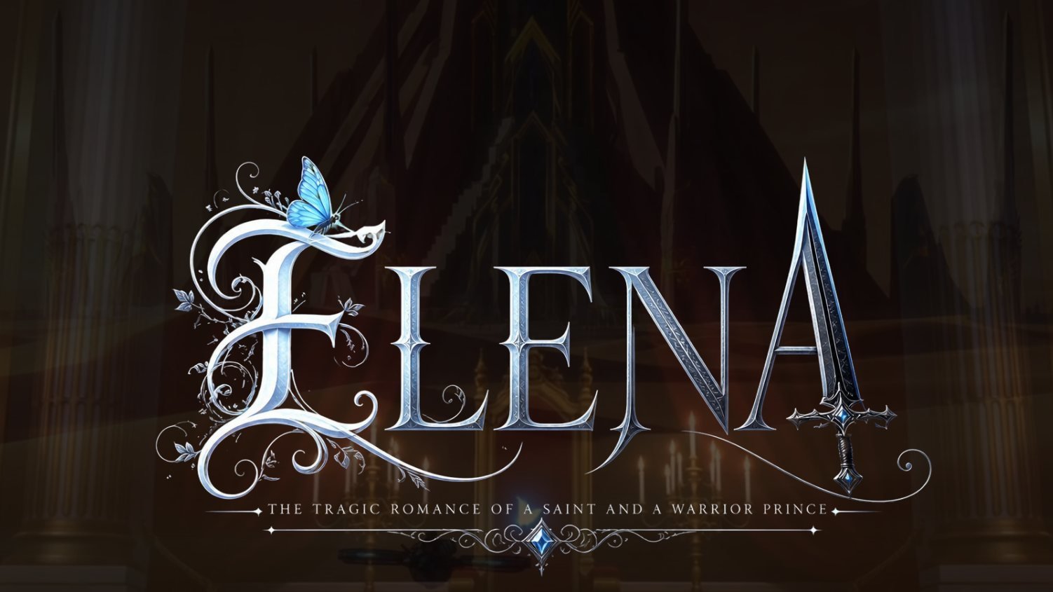 Portada de Elena: el título en letras de plata sobre la nave de una catedral en penumbra.