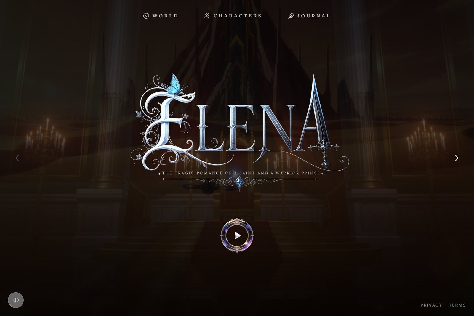 Inicio del sitio de Elena: el título sobre la catedral, el menú y el botón para reproducir.